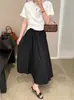 Versión Nanyou Nene26 Primavera/Verano Estilo Fila Minimalista de Gama Alta Empalmado Cintura Elástica Ligeramente Fruncido Texturizado Falda de Paraguas Línea A
