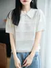 Top de punto fresco, transpirable, texturizado, corte holgado, cuello redondo, adelgazante, para mujer, manga corta, de lino Tencel, para el trabajo y las vacaciones