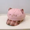 Bonito gorro de cuadros estilo japonés con orejas de gato para niñas, patchwork de cuadros de primavera y otoño, hace que la cara se vea más pequeña, versátil para el uso diario, gorra de marinero, gorra octogonal