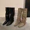 Botas de plataforma Marrones Melard con aumento interno de altura, botas de montar de caña larga para mujer, botas largas ajustadas de punta cuadrada para otoño e invierno 2026