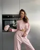 Conjunto de Dos Piezas de Punto Elástico Primavera y Verano Europeo y Americano Crop Top de Manga Larga Pantalones Largos Ropa de Casa Femenina Transpirable Simple Cómodo