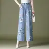 9258 Calças Jeans de Tencel Wide Leg Cropped Calças para Mulheres de Meia-idade Calças Florais Culotes Mom Estilo Chinês Fresco para o Verão
