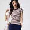 Camiseta de Algodón Puro a Rayas para Mujer, 220g, Manga Corta, Bloques de Color, Nuevo Estilo de Verano, Corte Ajustado, Cuello Redondo, Top Sencillo y Versátil