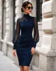 Vestido de malha patchwork transfronteiriço europeu e americano para mulheres, moda estrangeira, com gola alta, mangas bufantes, corte justo, saia justa, vestido de noite