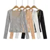 2569-25 Invierno Estilo Puro Deseo Ajustado Cuello Bajo en U Encaje Jacquard Hueco Manga Larga Jersey Camiseta Base para Mujer