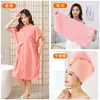Bata de Baño con Patrón de Piña Estilo Nuevo para Mujer, Toalla de Baño Portátil, Falda de Baño Cruzada de Forro Polar Coral Engrosado para Uso en Casa, Gorro para Secar el Cabello al por Mayor