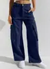 Pantalones de trabajo de pierna ancha de cintura media-alta transfronterizos para mujer, pantalones largos rectos de algodón lavado multibolsillo, pantalones holgados adelgazantes de largo hasta el suelo