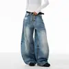 2026 Primavera e Outono Jeans Vintage com Fivela de Avião Corte Tesoura Lavado Casual Calça de Perna Larga Versátil Solta Longa Tendência