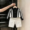 Roupas Infantis Estilo Coreano 2026 Outono Novidades Unissex Tendência Bloco de Cores Gola Polo Suéter de Tricô Casual Calça Longa de Pernas Largas