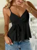 Camisole Europeia e Americana Estilo Cruzado para Primavera/Verão 2026, com Decote V, Ajuste na Cintura, Bordas Onduladas e Alças de Amarrar, Top Slim sem Mangas para Usar por Cima