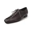Sapatos de Amarrar em Pele de Ovelha para Mulheres, Sapatos de Salto Baixo, Novidades de Início de Primavera, Sapatos Retrô com Bico Quadrado e Decote Profundo em Couro Genuíno, Sapatos Pequenos de Couro Femininos