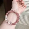 Pulseira de Cristal Rosa Claro Estilo Menina com Contas Redondas de Cristal de Morango Natural e Cristal Branco Facetado Em Estoque Atacado