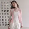 Cárdigan de punto rosa con cuello en V para mujer, camisa casual holgada para aire acondicionado, top cárdigan de encaje para protección solar 770