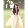 Vestido Francês Curto de Alça 150 Feminino Primavera e Verão Temperamento de Alto Padrão Afinando a Cintura Forma A de Comprimento Médio