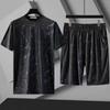 Traje casual de dos piezas de verano de seda de hielo con camuflaje de manga corta y shorts para hombre, holgado, talla extra, deportivo y elástico
