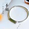 Pulsera de jade hetiano chapada en oro y plata esterlina S925, de talle alto, estilo retro, con hojas de bambú y abertura femenina adornada con circonitas.