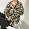 Camisa vintage estilo Hong Kong com pintura a óleo e flores, manga comprida, outono, masculina, estilo coreano, elegante, casual, solta