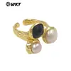 Anel Feminino Ajustável Mpr160 Pérola Natural de Água Doce Pedra Colorida Banhado a Ouro 18K, Hot-Selling de Exportação