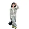 Conjunto de Tendencia de Moda para Niñas: Conjunto de Dos Piezas: Sudadera con Capucha y Chaqueta de Primavera y Otoño con Adorno de Encaje Dulce y Pantalones Casuales