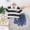 Polo a rayas para niño de manga corta de dos piezas, nuevo de verano 2024, shorts vaqueros casuales de verano para niños