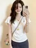 Elegante Camiseta Blanca de Manga Corta con Escote en V, Huecos en la Cintura y Ajuste, para Mujer, Nuevo Modelo 2026, Top Versátil Elegante y Adelgazante A12680