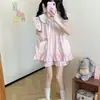 Pijama rosa a cuadros de encaje suave y lindo para mujer, shorts de manga corta, conjunto estilo Ins con cuello de muñeca lindo, se puede usar como ropa de casa