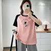 [Especial] Novo Estilo de Verão Plus Size para Meninas Cheinhas de 100kg, Blusa de Manga Curta Raglan Color Block Colorida Estampada com Desenho Animado 9667