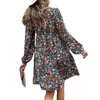 Novo vestido de renda com decote V para mulheres da Amazon, importado, outono, solto, floral pequeno, manga longa