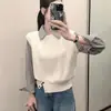 Suéter de punto para mujer estilo coreano de dos piezas falsas, diseño simple inspirado en la dopamina, nuevo top de punto abotonado con dobladillo a rayas de patchwork