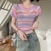 Playera de punto corta hueca a rayas de cuello redondo y manga corta 2024 Verano nuevo diseño temperamento top ajustado para mujer