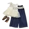 Conjunto de Verano para Niñas 2026 Estampado de Letras Chaleco de Malla Patchwork Ribete de Encaje Pantalones de Pierna Ancha con Lunares Conjunto de Dos Piezas