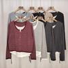 Jersey de Punto Falso de Dos Piezas con Rayas de Color Contrastante para Mujer en Otoño e Invierno Talla Grande Delgado Camisa de Manga Larga Camisa Base Top Interior con Cordón