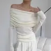 Otoño e Invierno Nuevo Lana Hombro Único Hombros Descubiertos Tejido Capa Base Ajustado Top Suéter Blanco Talla Única Albaricoque