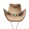 Chapéu de Palha Panamá com Aba Larga, Chapéu de Cowboy de Palha Vazado, Chapéu de Sol Unissex, Chapéu de Pescador Casual para Exterior