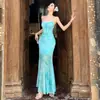 Vestido de Renda com Estampa Verde Claro Estilo Francês com Suspensório para Mulheres, Férias de Verão na Beira-Mar, Saia Longa Justa ao Corpo Estilo Fishtail Pura e Sexy