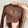 Camisa base de outer wear para meninas em fleece dupla face, nova blusa casual com estampa de desenho animado, camiseta de gola semi-alta, mangas compridas escovadas