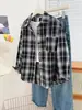 Camisa Feminina de Manga Longa com Bolso, Gola, Estilo Retro Americano, Versátil, Xadrez, Primavera, Transfronteiriça da Amazon