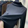 Camisa Base Térmica Feminina de Veludo Dupla Face com Gola Semi-Alta para Outono e Inverno, Peça Interna, Top Estudante, Camiseta de Manga Longa para Mulheres