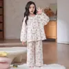 Pijama de cárdigan de algodón con estampado de nubes de dibujos animados para niñas, de manga larga, para estudiantes, ropa de casa para niñas, conjunto de primavera y otoño para niños mayores