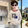 Camiseta Longa Patchwork Listrada de Algodão Puro Tendência Cool para Crianças Primavera Outono Novo Estilo Meninos Tamanho Médio Grande Crianças Camada Base Solta