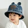 Sombrero de Pescador para Niños de Mezclilla Desgastada con Orejas de Oso 3D CUTE BEAR Sombrero Cubo para Exteriores