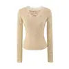 Top de encaje con cruce estilo Deseo Puro, Manga Larga, Versátil para Primavera, Ajustado, Favorecedor, Camiseta Básica Hot Girl