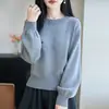 Suéter de Punto de Algodón Puro con Encaje, Cuello Redondo, Manga Larga, Color Sólido, Holgado, Pulóver, Camisa Base para Mujer, Otoño/Invierno 2026