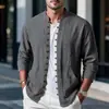 Camisa de lino para primavera y otoño transfronteriza de Amazon, de manga larga, cuello mao, transpirable, estilo casual, nueva camisa de estilo chino con bolsillos para hombre