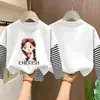 Camiseta de algodão puro de manga longa para meninas, estilo primavera e outono, corte solto, blusa base estilo duas peças falsas, gola redonda estilosa para meninas