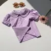 Camiseta Nueva de Verano para Niña, Manga Corta, Color Caramelo, Delgada, con Lazo y Cuello de Muñeca, Elegante Top para Bebé con Mangas de Linterna de Media Longitud