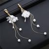 Aretes Coreanos de Hada Largos Blancos con Flores Borla Clip para la Oreja Aretes Accesorios para la Oreja de Boda