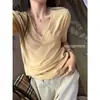 4791 # Superniniyy Mousse de Vainilla y Suave Piel Ligeramente Relajante Texturizada Camiseta de Manga Corta con Cuello en V Amigable con la Piel