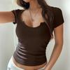 Kaikuo 2026 Primavera/Verão Transfronteiriço Europeu e Americano Y2K Casual Slim Estilo de Rua Bm Cor Sólida Costurado Manga Curta Top Camiseta Roupas Femininas