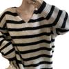 Outono e Inverno Novo Solto Combina com Tudo Estilo Preguiçoso Pulôver Top Tricotado Suéter de Gola Listrado Simples Preto e Branco Estilo Coreano para Mulheres